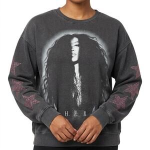 H.E.R. HER Charcoal Gray Pink Star Rhinestone Crew Neck Oversize Sweatshirt sz S